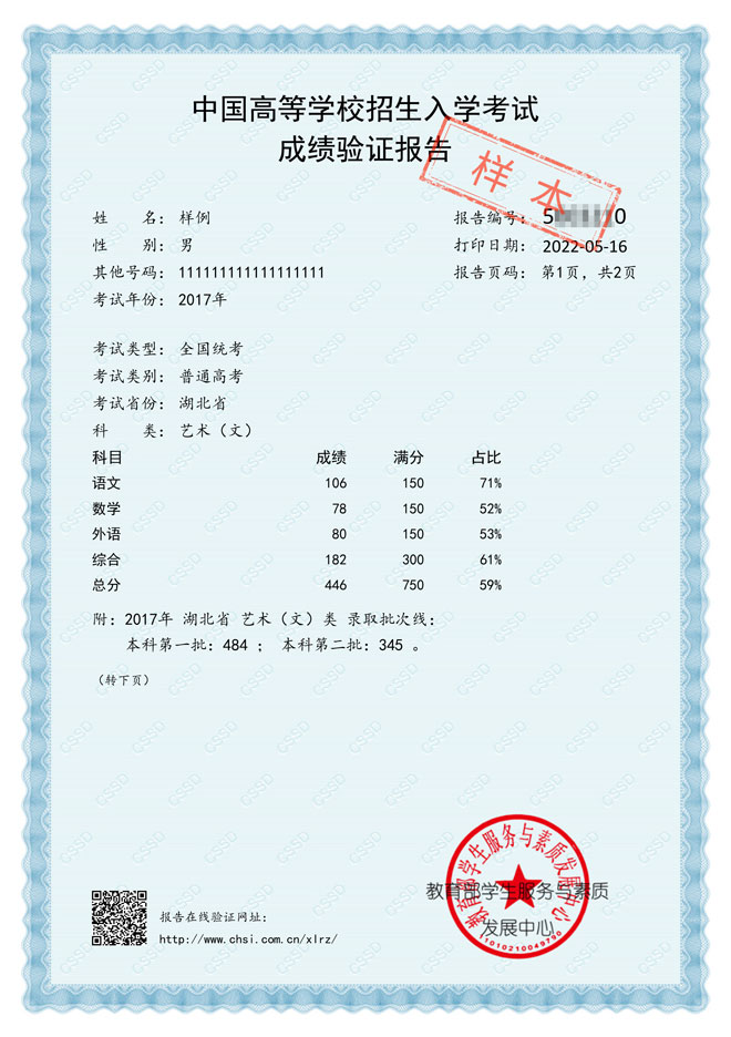 中国高等学校招生入学考试成绩报告